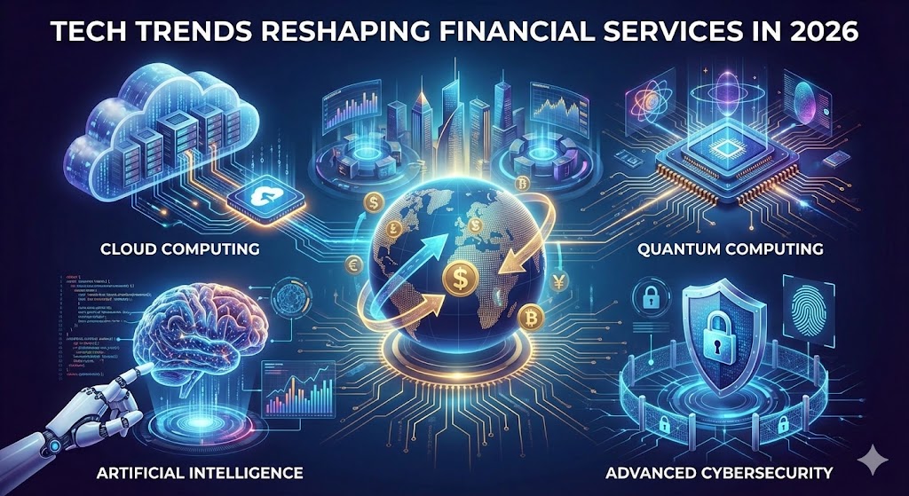 Illustration showing tech trends reshaping financial services in 2026, including artificial intelligence, cloud computing, quantum computing, and advanced cybersecurity.