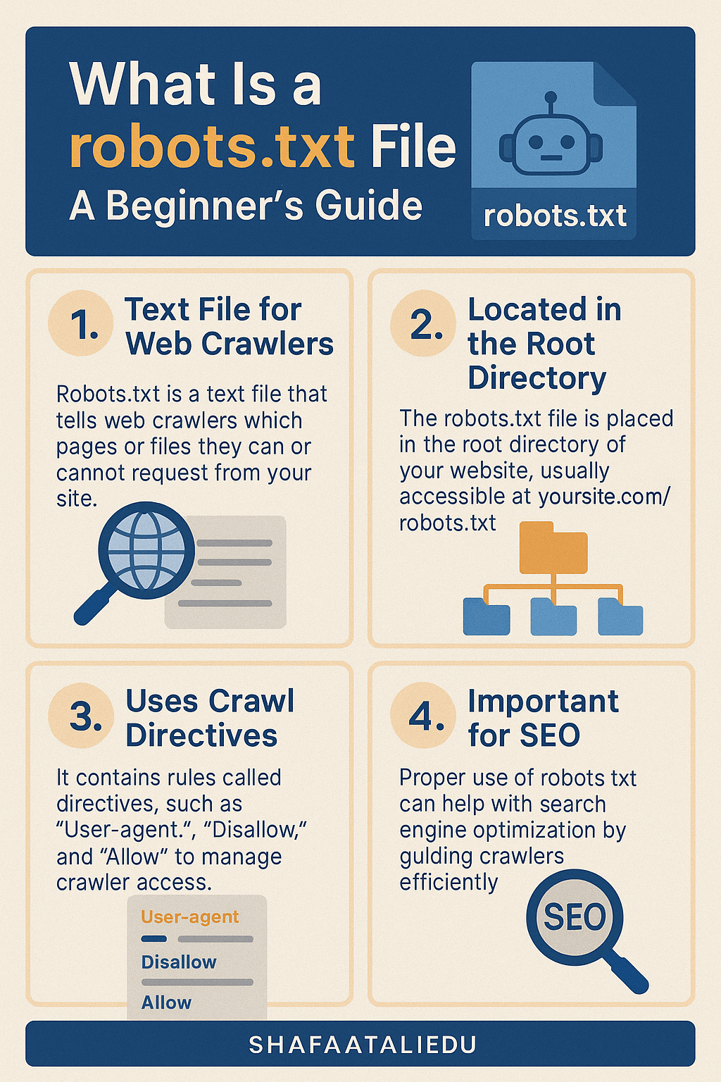 Infographic explaining what a robots.txt file is, including its purpose, location, crawl directives, and SEO benefits.
