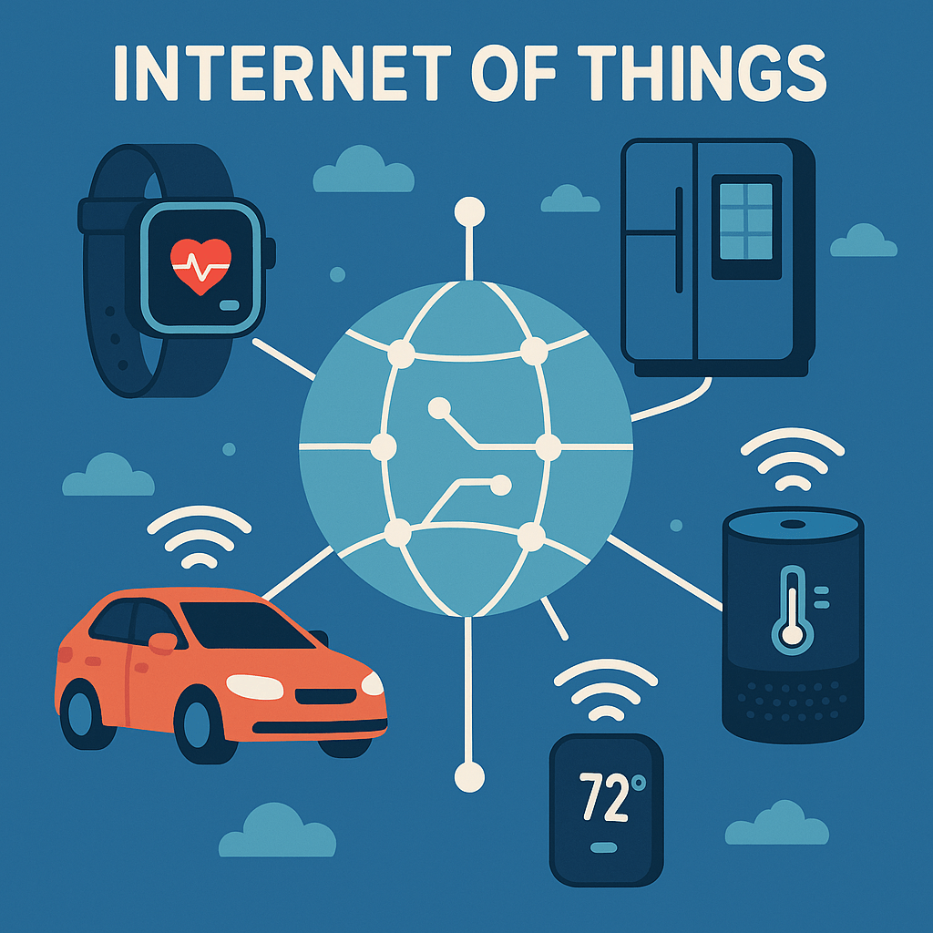 Illustration of Internet of Things (IoT) network connecting smart devices including a smartwatch, smart refrigerator, connected car, smart speaker, and thermostat.