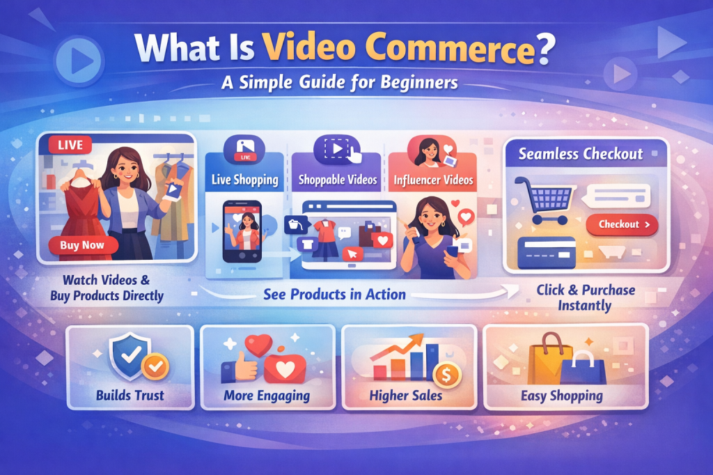 Infographic explaining video commerce, showing live shopping, shoppable videos, influencer marketing, and seamless checkout with benefits like higher sales and easy shopping.