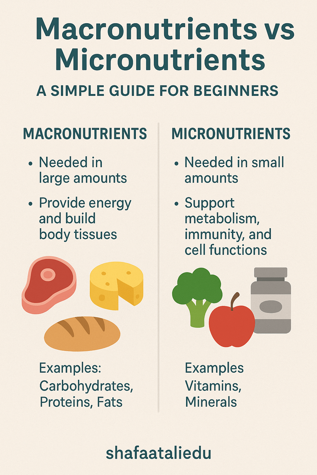 Infographic comparing macronutrients and micronutrients, highlighting their functions, required amounts, and examples for beginners.