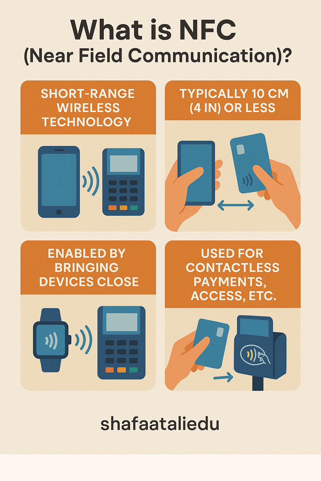 Infographic explaining NFC (Near Field Communication) as a short-range wireless technology used for contactless payments and access by bringing devices close together.