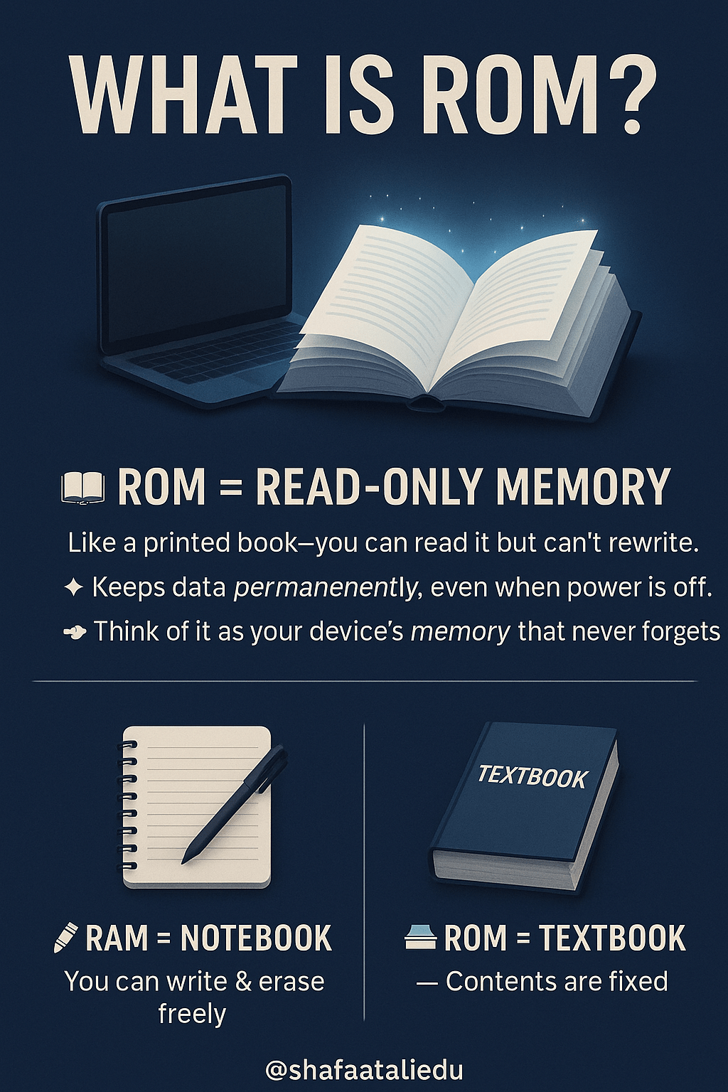 Infographic explaining ROM (Read-Only Memory) with a book analogy, showing that ROM stores permanent data that can't be modified.