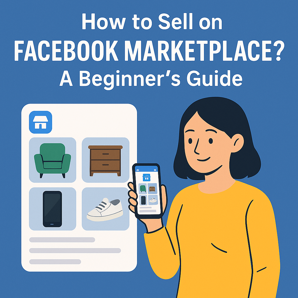Illustration of a woman holding a smartphone while browsing product listings, with text reading “How to Sell on Facebook Marketplace? A Beginner’s Guide.”