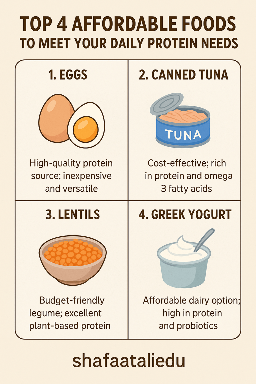Infographic showing the top 4 affordable foods for daily protein: eggs, canned tuna, lentils, and Greek yogurt.