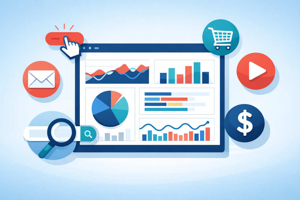 Flat-design illustration of a digital analytics dashboard with colorful charts and graphs, surrounded by icons for clicks, shopping, email, video, search, and revenue.