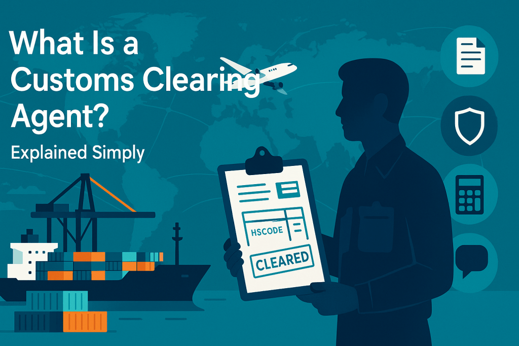 Illustration of a customs clearing agent holding a clipboard with "HS Code" and "Cleared" document, with a cargo ship, airplane, and global trade icons in the background.