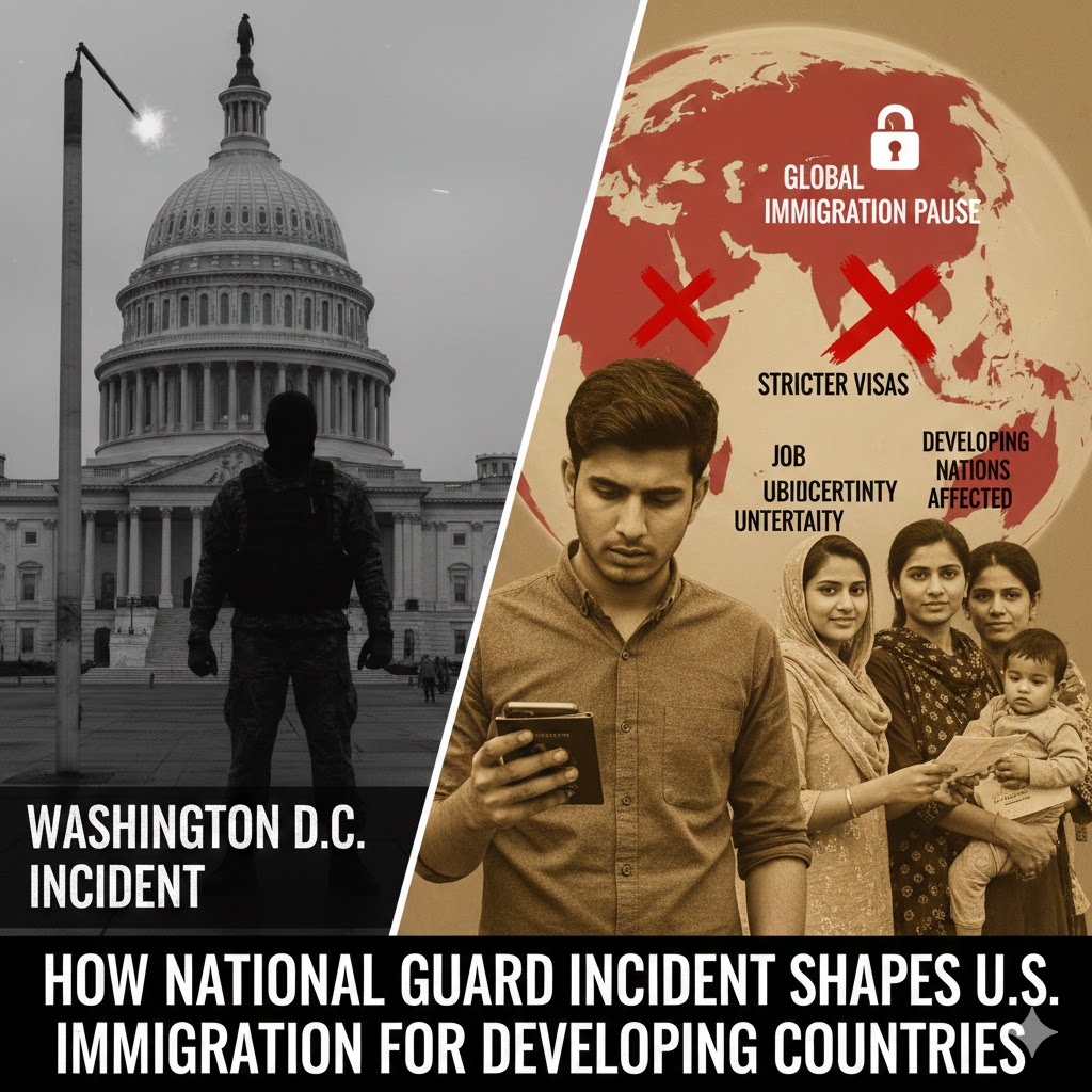 Silhouetted National Guard member standing in front of the U.S. Capitol beside imagery of stricter global immigration policies affecting developing countries and families.