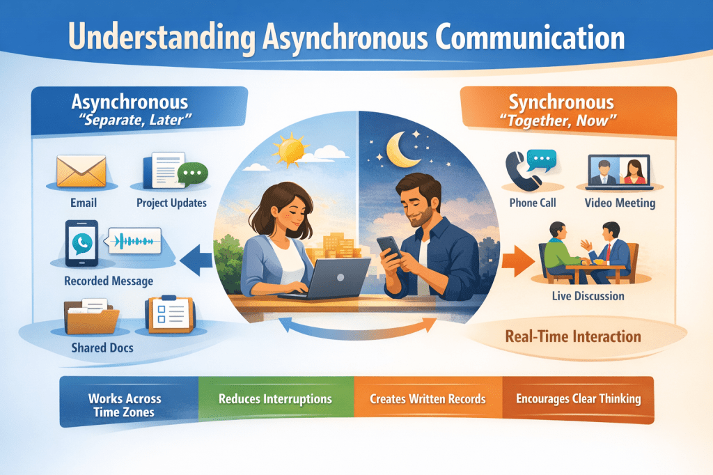 Illustration comparing asynchronous and synchronous communication, showing email, shared documents, and recorded messages versus phone calls, video meetings, and live discussions.