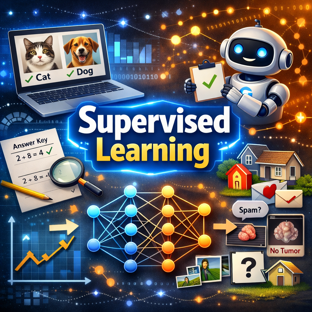 Supervised learning concept illustration showing labeled data examples like cat vs dog classification, spam detection, tumor diagnosis, and neural network training process.