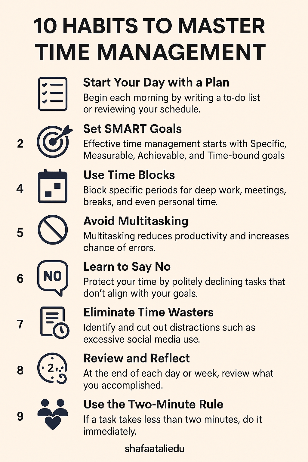 Infographic listing 10 habits to master time management, including planning, SMART goals, time blocks, avoiding multitasking, and more.