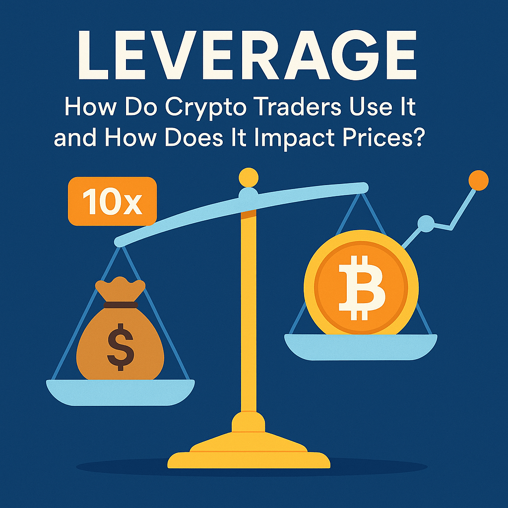 Crypto leverage illustration showing a balanced scale with a Bitcoin coin on one side and a money bag labeled 10x on the other.