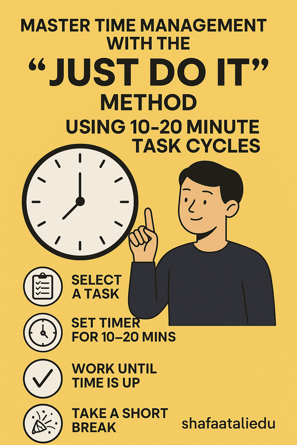 Infographic explaining the “Just Do It” time management method using 10–20 minute task cycles, with steps: select a task, set a timer, work, and take a break.