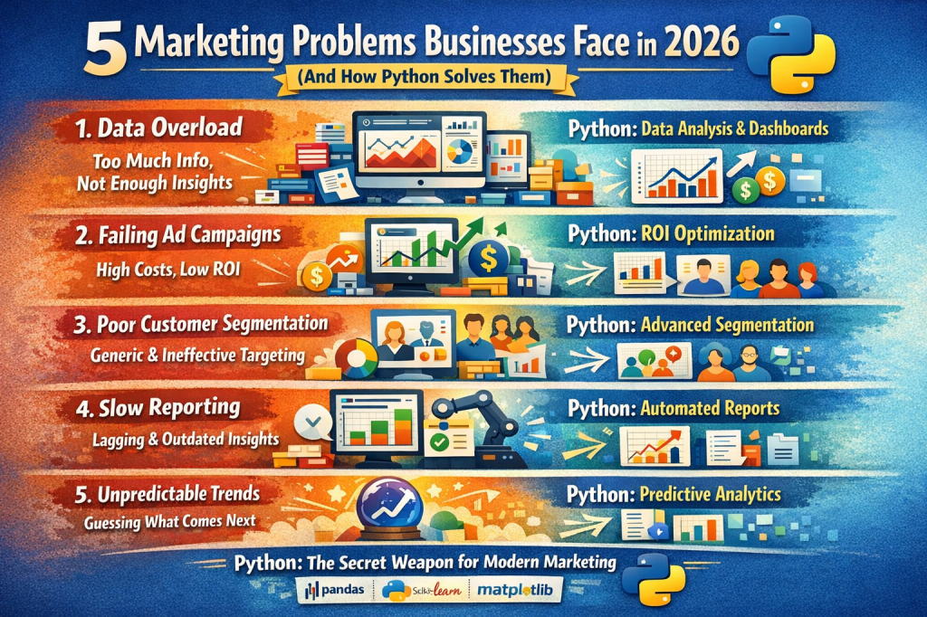 Infographic showing five marketing problems businesses face in 2026—data overload, failing ad campaigns, poor customer segmentation, slow reporting, and unpredictable trends—and how Python solves them with analytics, automation, and predictive insights.