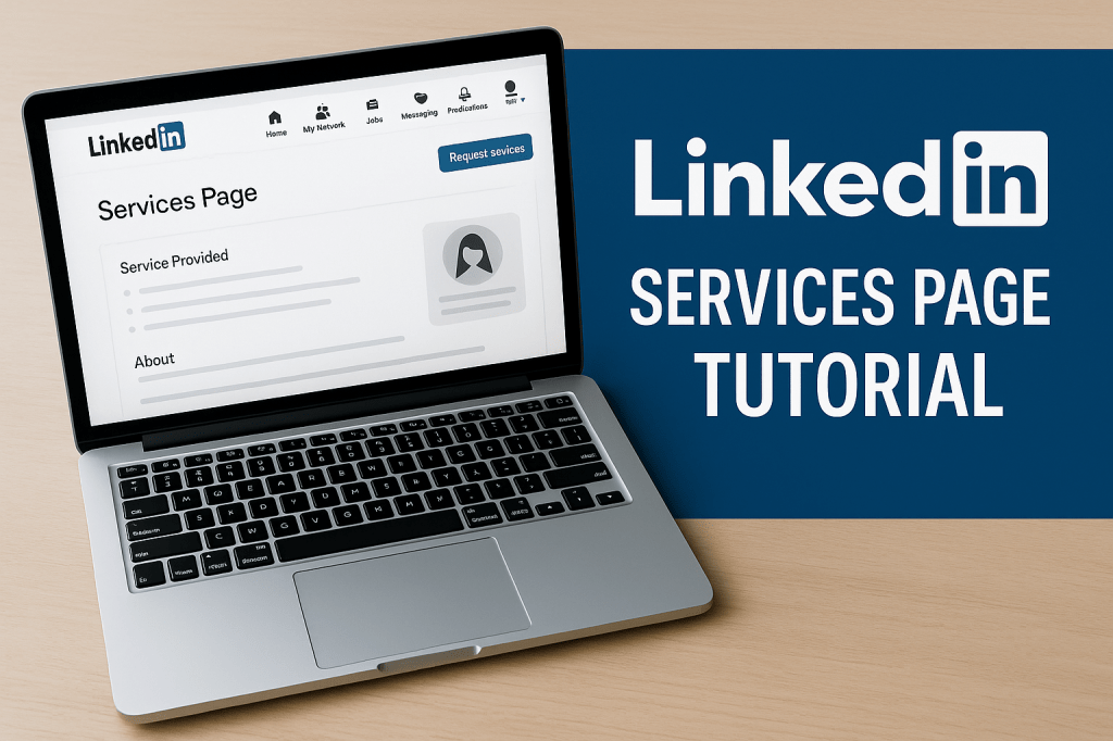 “Laptop displaying a LinkedIn services page tutorial with LinkedIn branding on a blue background.”