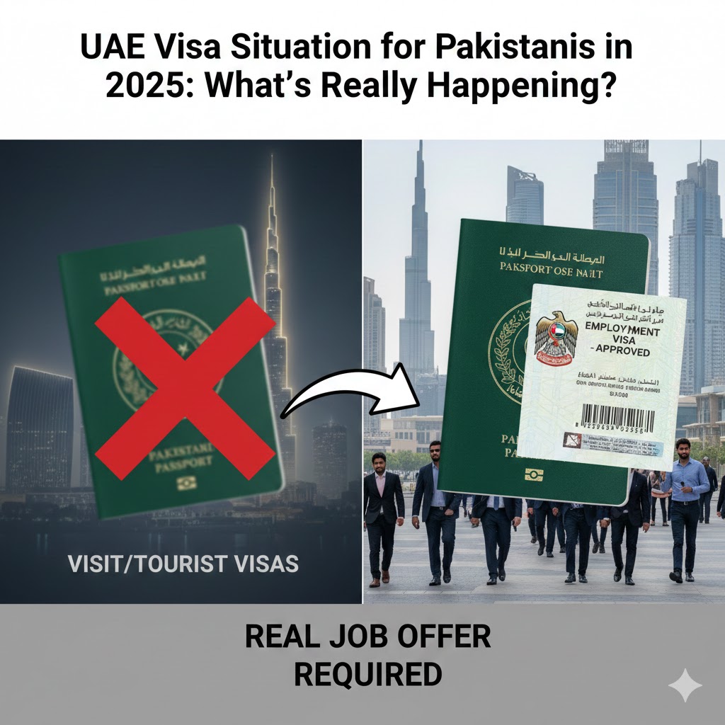 Graphic explaining the 2025 UAE visa situation for Pakistanis, showing a Pakistani passport with a red cross over visit visas and another passport with an approved UAE employment visa, highlighting the requirement of a real job offer.