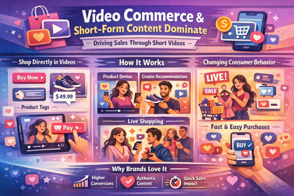 Illustration showing video commerce and short-form content driving online sales through shoppable videos, product tags, live shopping, and influencer recommendations on mobile devices.
