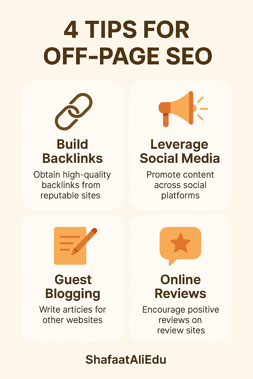 Infographic listing 4 tips for off-page SEO: build backlinks, leverage social media, guest blogging, and encouraging online reviews.