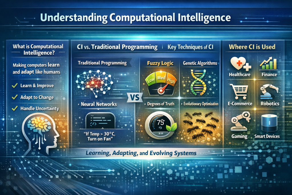 Infographic explaining computational intelligence, comparing traditional programming with fuzzy logic and genetic algorithms, and showing real-world applications.