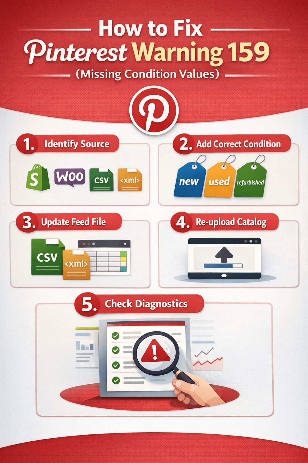 How to fix Pinterest Warning 159 infographic showing steps to correct missing condition values in product catalogs.