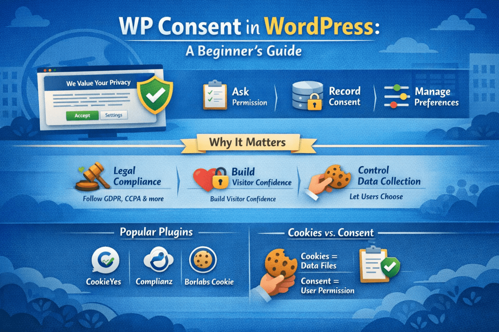 WordPress consent infographic showing cookie consent, GDPR compliance, popular plugins, and how to manage user permissions.