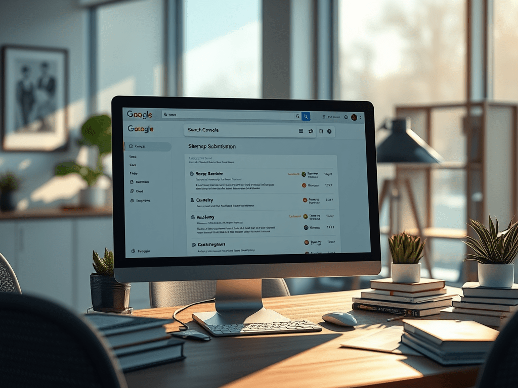 Modern office workspace with a sleek desktop computer displaying Google Search Console’s Sitemap Submission page.