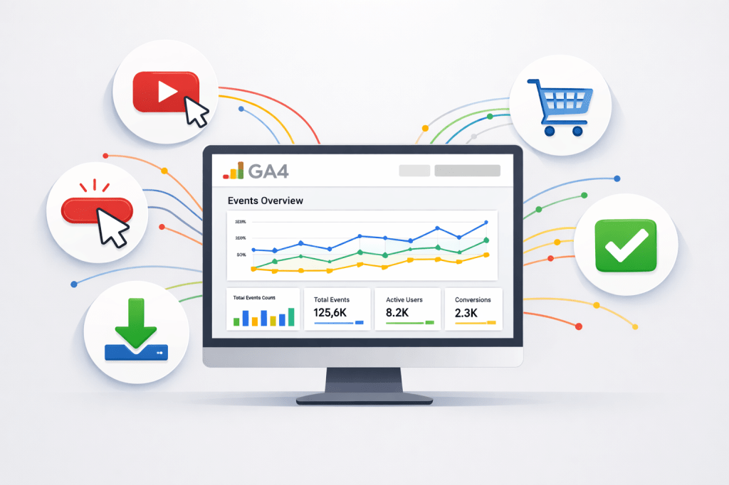 A modern flat-design illustration of a computer monitor displaying a GA4 analytics dashboard with colorful graphs, surrounded by icons representing user interactions like clicks, video plays, purchases, downloads, and form submissions connected by flowing data lines.