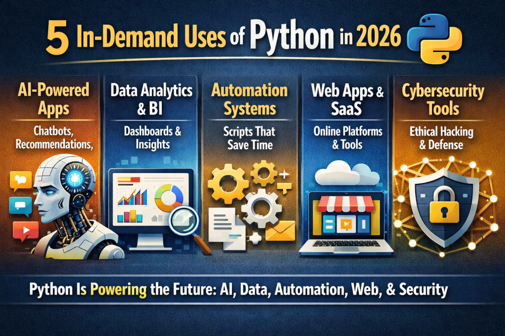 Infographic showing five in-demand uses of Python in 2026, including AI-powered apps, data analytics, automation systems, web apps and SaaS, and cybersecurity tools.