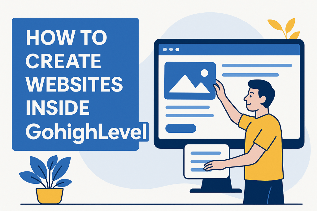Illustration showing a person designing a webpage on a computer with the text “How to Create Websites Inside GoHighLevel.”