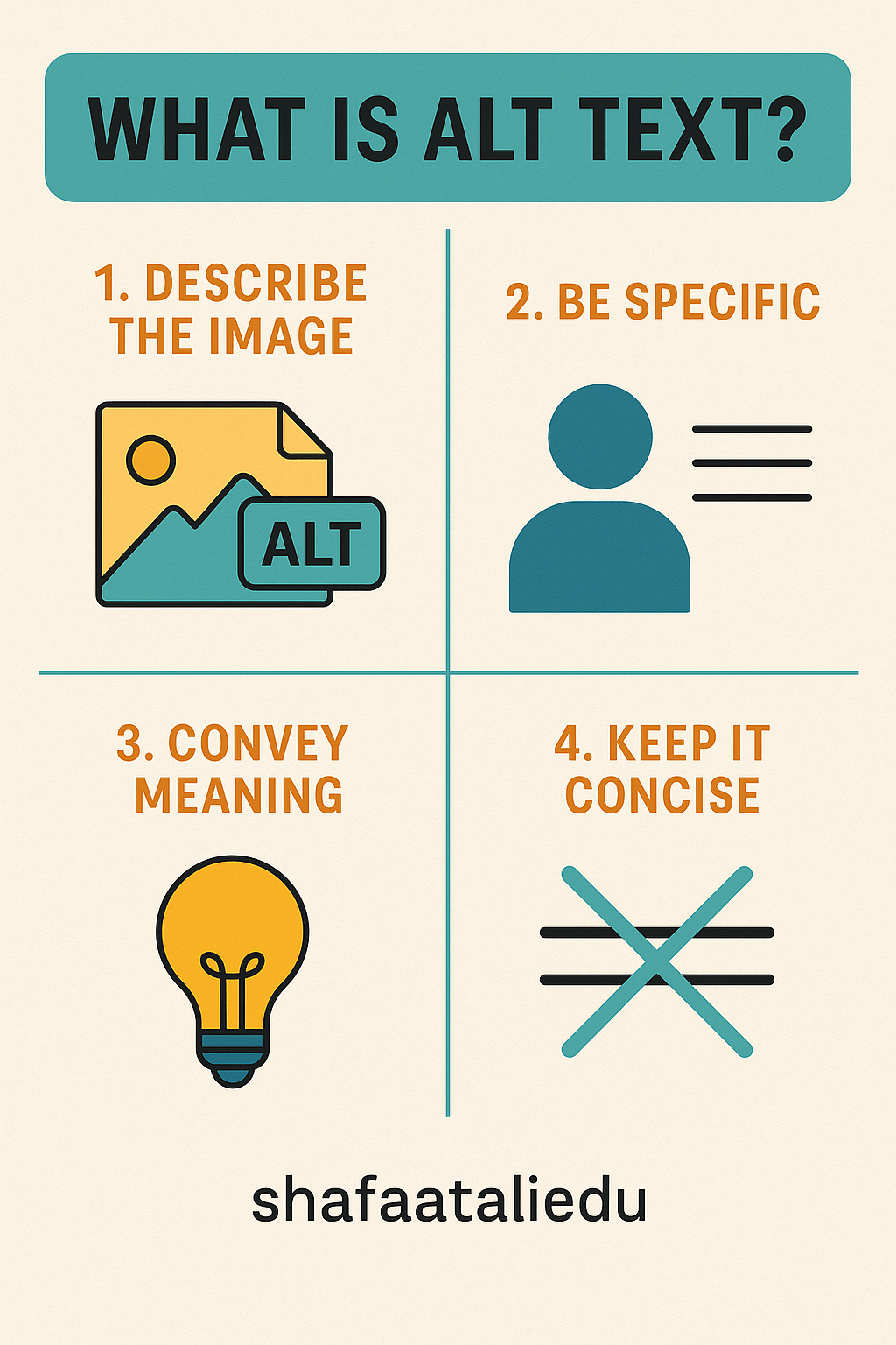 Infographic explaining how to write effective alt text, including describing the image, being specific, conveying meaning, and keeping it concise.