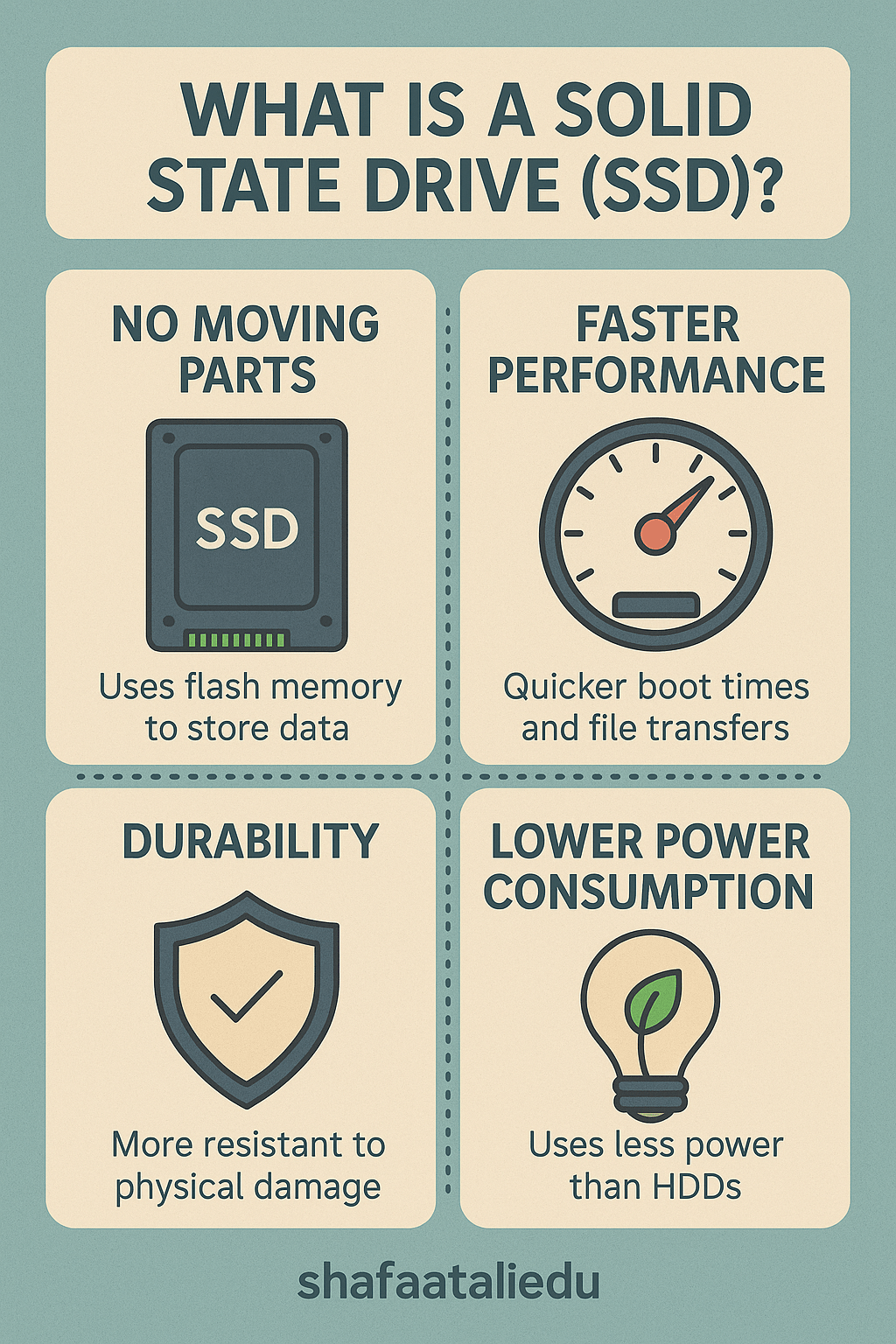 Infographic explaining the benefits of solid state drives (SSD) including no moving parts, faster performance, durability, and lower power consumption.