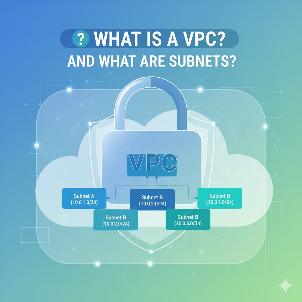 Diagram explaining AWS VPC and subnets with a cloud lock illustration and labeled subnet blocks.