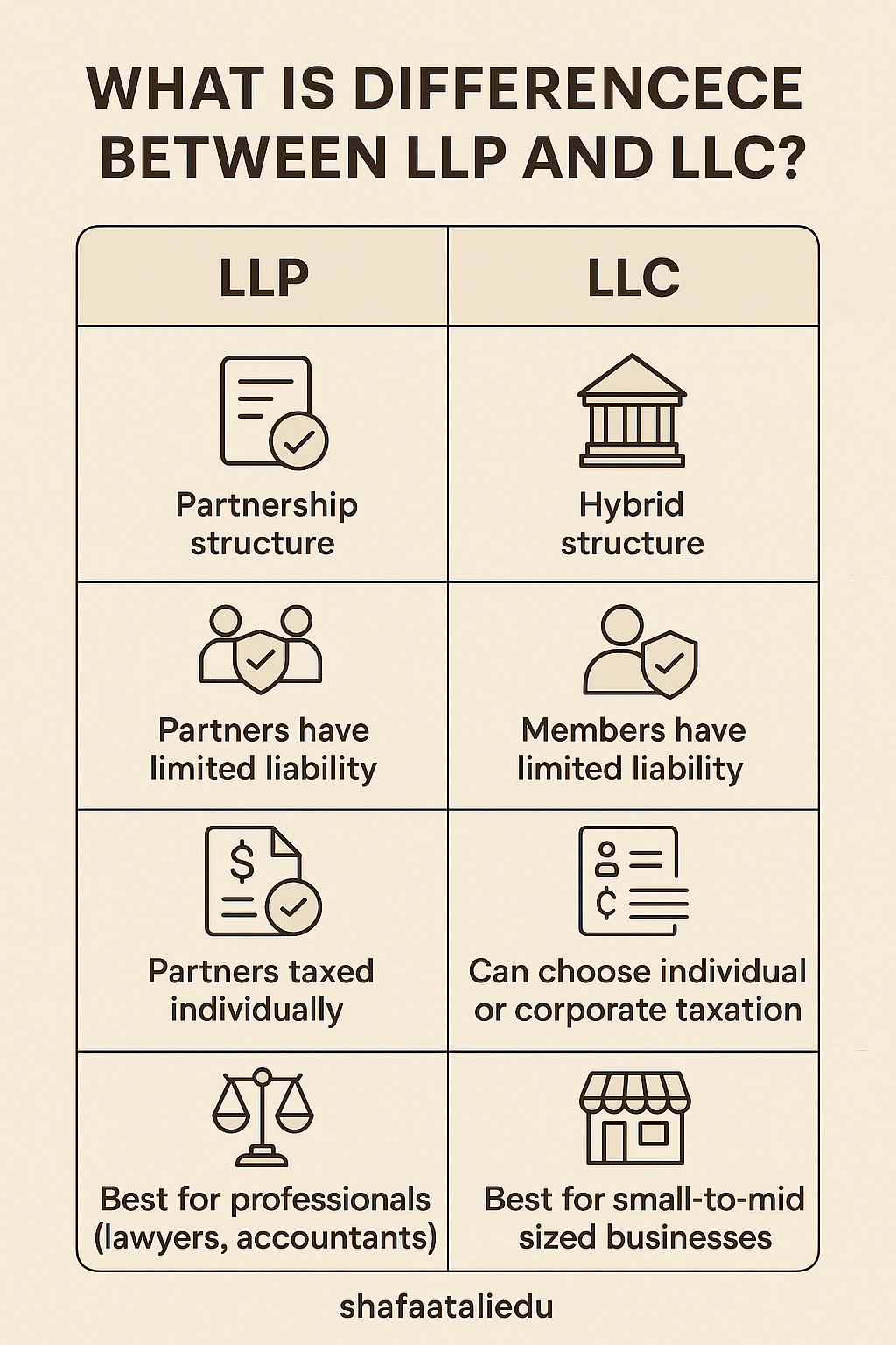 Infographic comparing LLP (Limited Liability Partnership) and LLC (Limited Liability Company) structures, including liability, taxation, and best use cases.