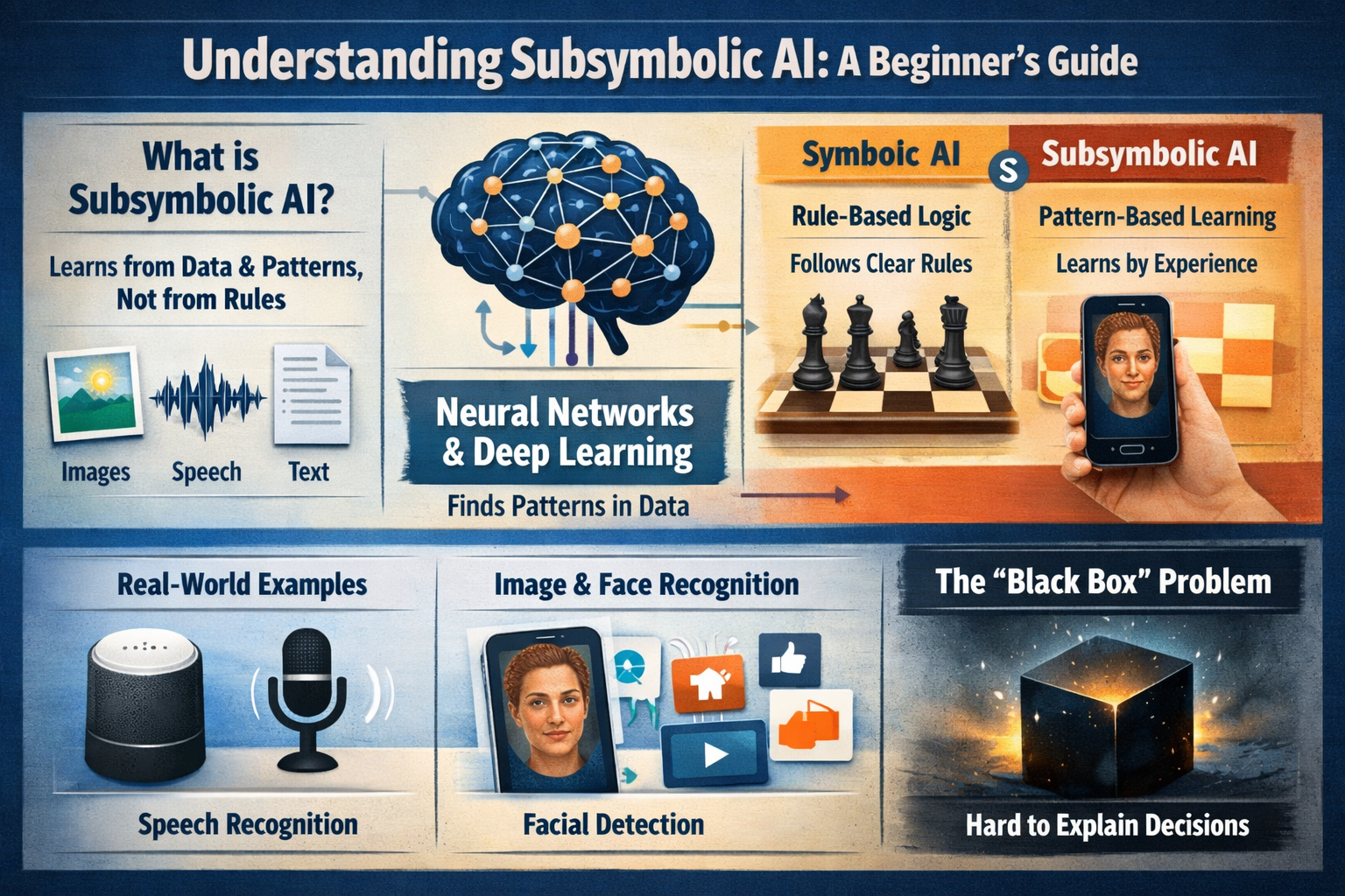 Infographic explaining subsymbolic AI, neural networks, and deep learning with examples like speech recognition, facial recognition, and pattern-based learning.