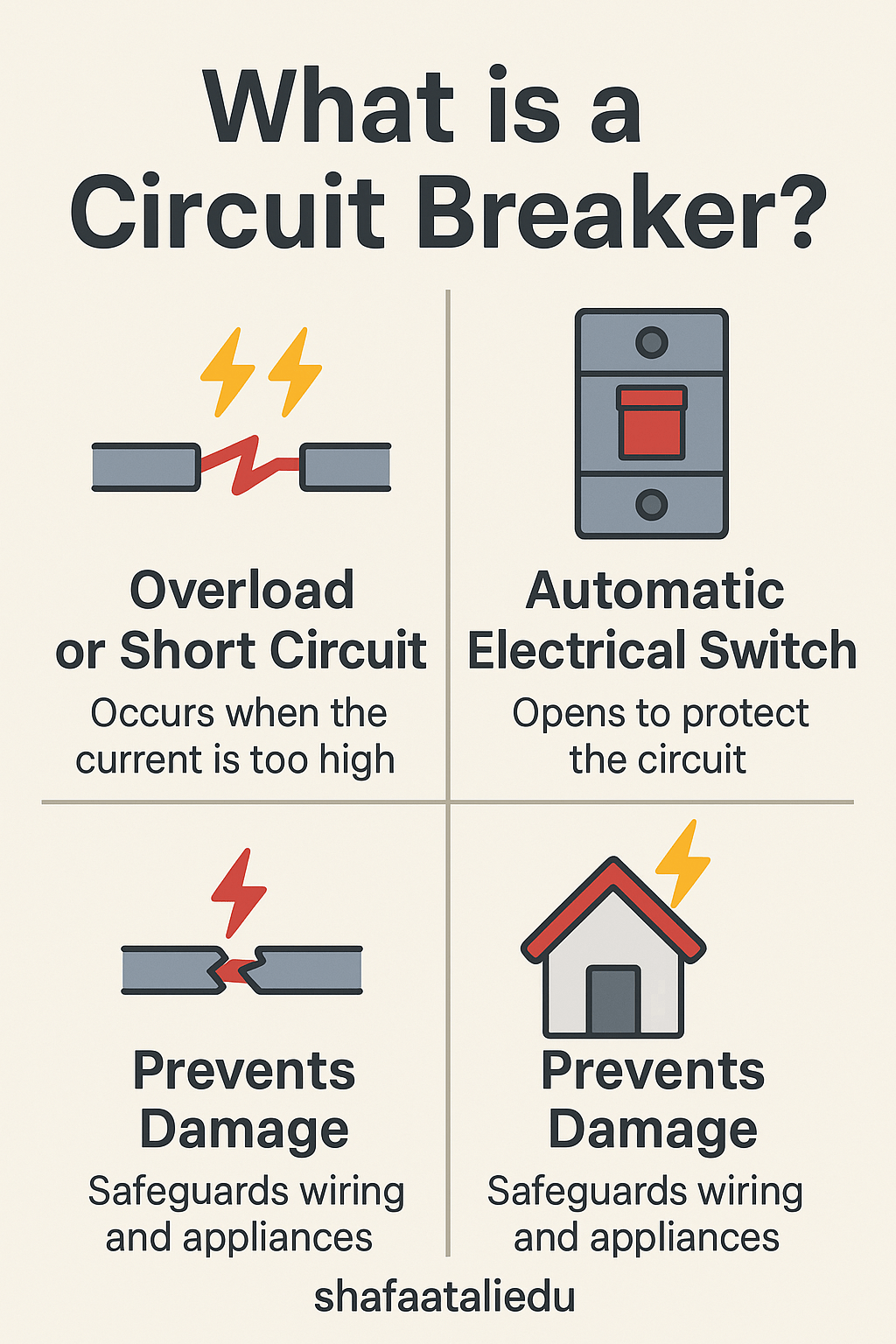 Infographic explaining circuit breakers, highlighting overload protection, automatic switching, and safeguarding of wiring and appliances.