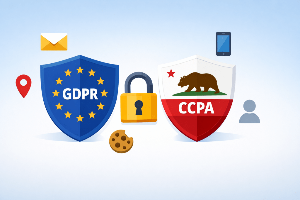 Flat-design illustration of GDPR and CCPA shields with a central padlock and icons representing personal data like email, smartphone, location, cookies, and user profile.