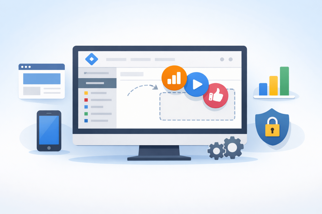 A flat-design illustration of a desktop monitor displaying a Google Tag Manager dashboard, with colorful tag icons being dragged into a container, surrounded by icons of a website, mobile phone, analytics chart, privacy shield, and automation gear.