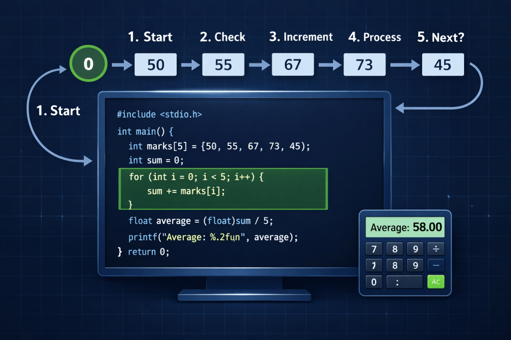 Illustration of a C programming for loop calculating the average of student marks using an array, with a highlighted loop and step-by-step visual flow from index 0 to 4.