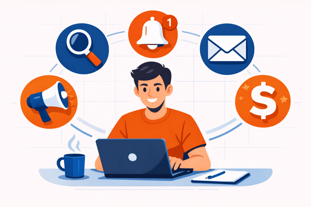 A flat-style illustration of a person working on a laptop surrounded by digital marketing icons like SEO search, notifications, email, analytics chart, content megaphone, and paid ads symbol.