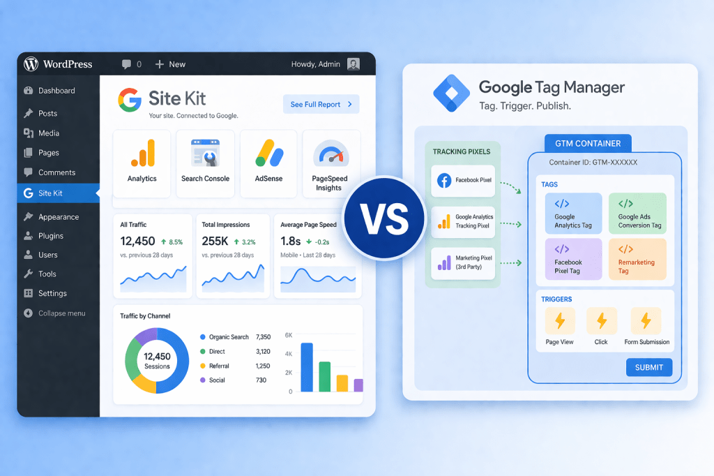 Side-by-side illustration comparing WordPress Site Kit dashboard with analytics charts and Google Tag Manager interface showing tags, triggers, and tracking pixels with a central VS badge.