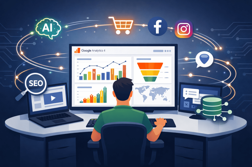 Digital marketer working at a curved desk with multiple screens displaying a Google Analytics 4 dashboard, surrounded by icons for AI, SEO, social media, and e-commerce.