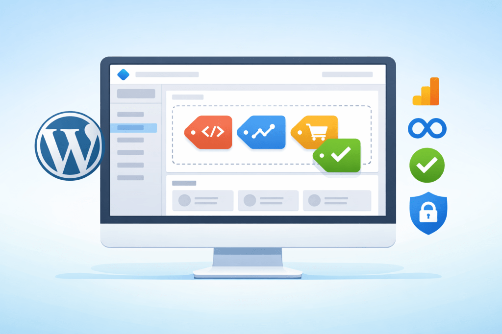 Flat-design illustration of a desktop monitor showing a tag management dashboard with colorful tags inside a container, alongside WordPress and analytics-related icons.
